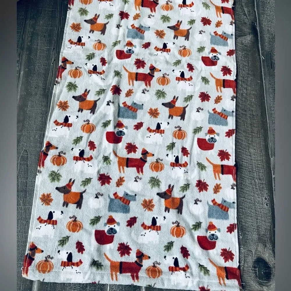 Fall Pumpkin Dogs Print Gray Casaba Hand Towel